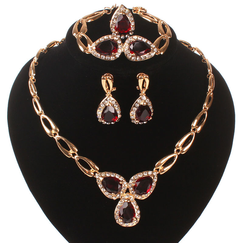 

New Coming Ruby Austrian Crystal Jewelry Set Necklace Bracelet Earrings Ring Wedding Party Costume Jewellry Sets