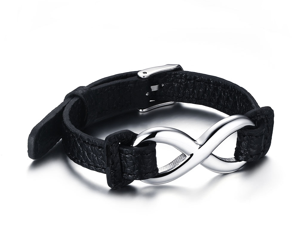 Men Women Polished Stainless Steel Infinity Love Genuine Leather Belt Bracelet with Buckle Clasp 9.25" Adjustable