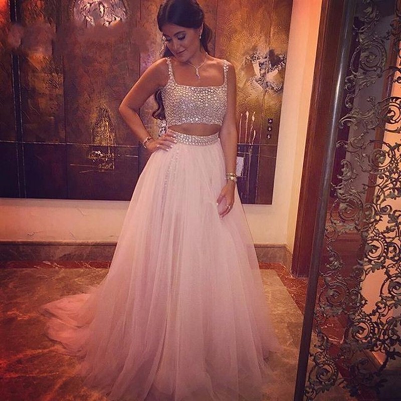 

Charming Tulle Two Piece Long Prom Dresses Vestido De Festa Floor Length Crystal Beaded Formal Women Prom Party Dress Evening Gown, Pink