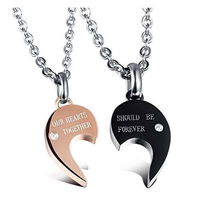 

2Pcs His and Her Half Heart Puzzle Lovers Pendant Necklaces Romantic Black/Gold Plated Simulated Diamond Women Men Couples Jewelry, Silver
