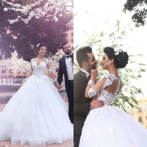 

Gorgeous Ball Gown Arabic Wedding Dress Illusion Bodice Sheer Long Sleeves Puffy Tulle Bridal Gowns with Lace Appliques See Through Back, Ivory
