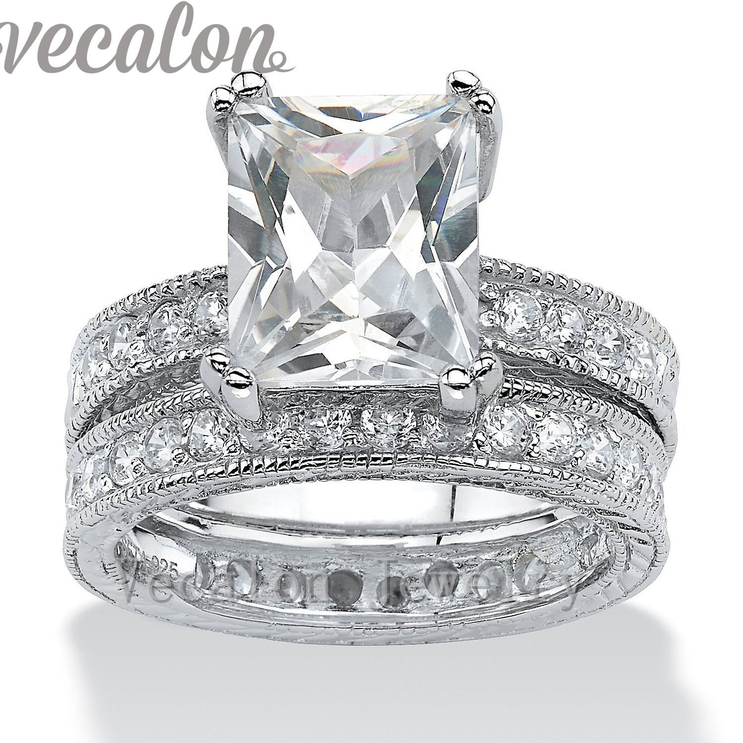 

Vecalon Fashion Engagement Wedding band Ring Set for Women Princess cut 4ct Cz Diamond 10KT White Gold Filled Party Finger ring