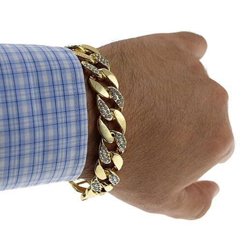 

Men Hip Hop Miami Cuban Link CZ Bracelet Tennis 14mm Iced out Half Stone Gold Plated 7/8/9inches