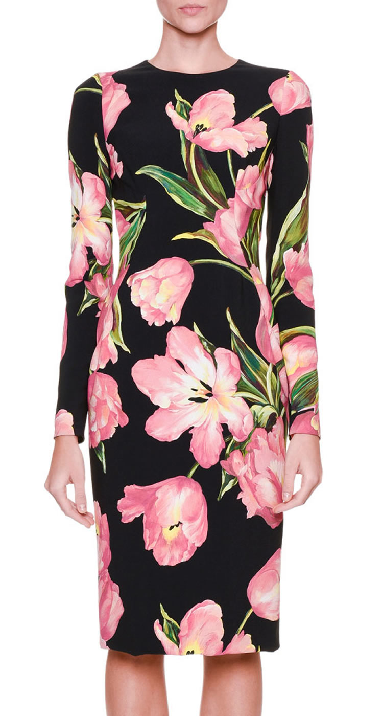 

Flower Print Women Sheath Dress Elegant Long Sleeve Casual Dresses 084A687, As pictures