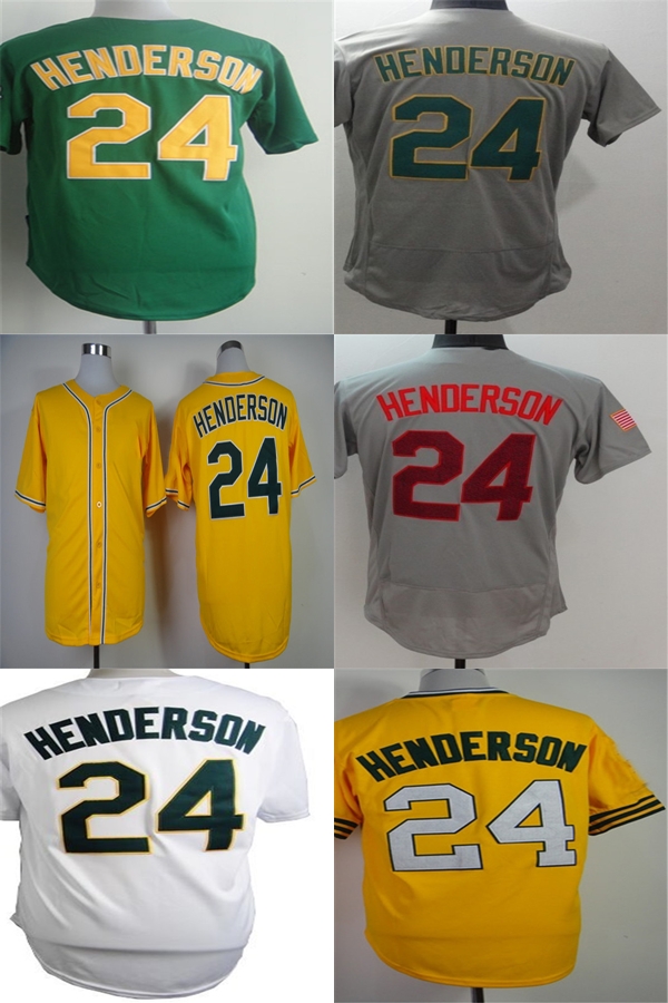 Mens Womens Kids Toddlers Oakland 24 Rickey Henderson Jersey Green Grey White Yellow Cool Base Flex Factory Outlet Stitched Baseball Jerseys