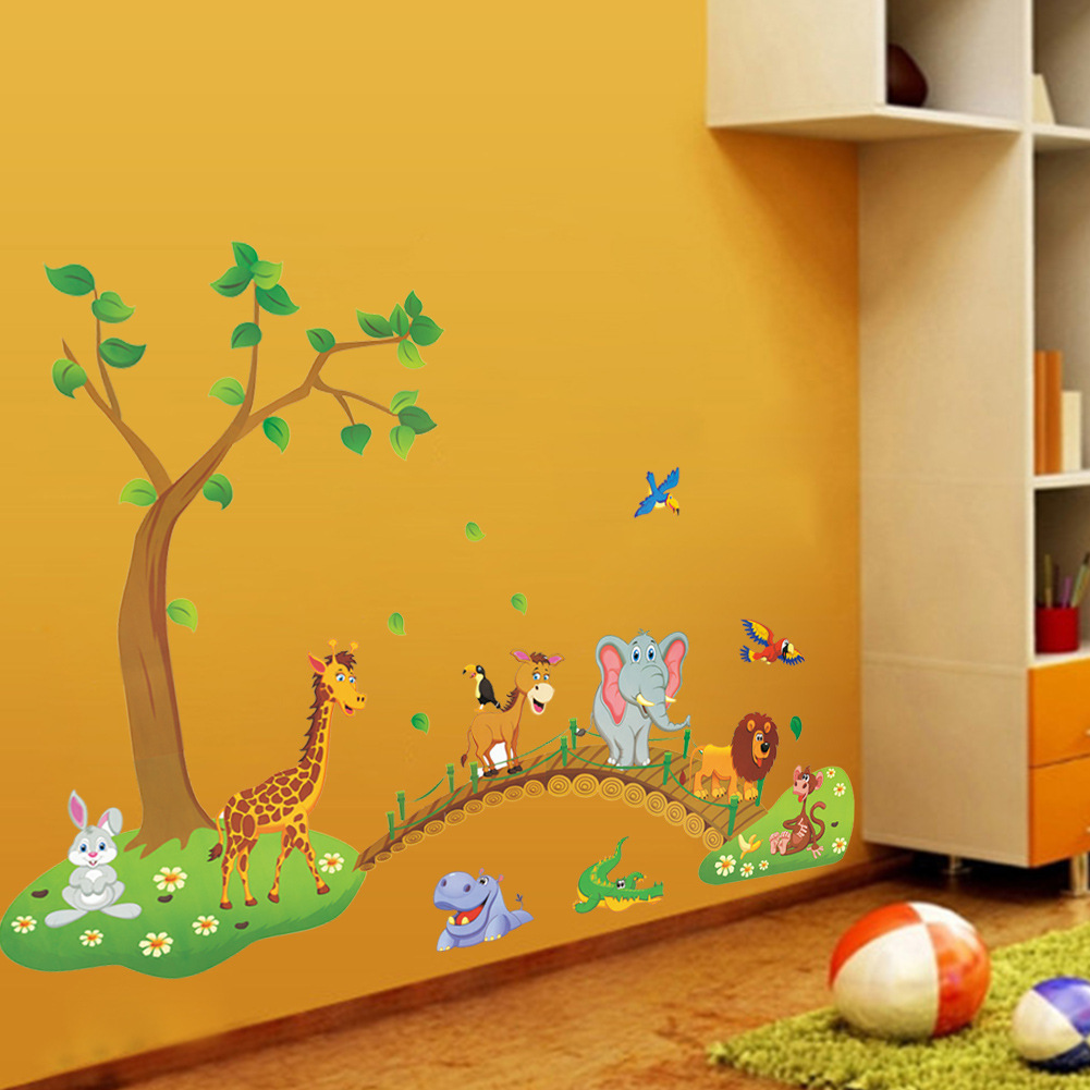 1pc Dibujos Animados En 3D De La Selva Salvaje /áRbol Animales Puente del Le/óN De La Jirafa Elefante Birds Flores Pegatinas De Pared Sala Infantil Sala Decoraci/óN