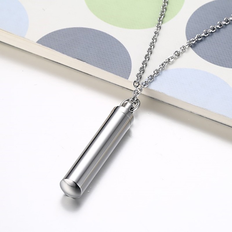 

High Polished Stainless Steel Cylinder Memorial Urn Pendant Necklace Ash Holder