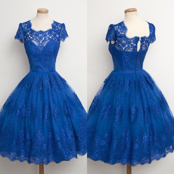 

Gorgeous Homecoming Dresses Short Lace Royal Blue Prom Dress Jewel Neck Capped Short Sleeves Formal Party Gowns Custom Made, Yellow