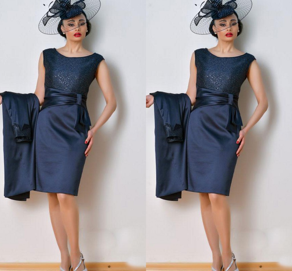 Dark Navy Knee Length Mother of the Bride Suits Groom Gowns 2019 Fashion Free Hats Coat Sequined Satin Short Evening Party Dress
