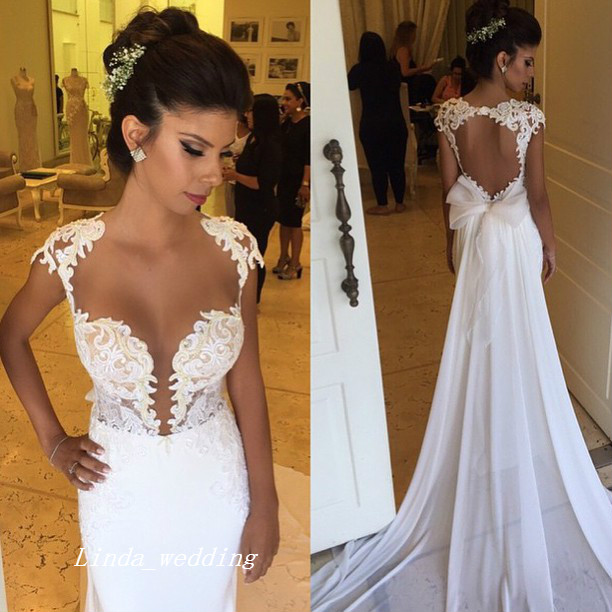 

Vintage Sexy Anne Wedding Dresses White Cap Sleeves Chiffon Backless Floor Length Long Bridal Party Gowns, Silver