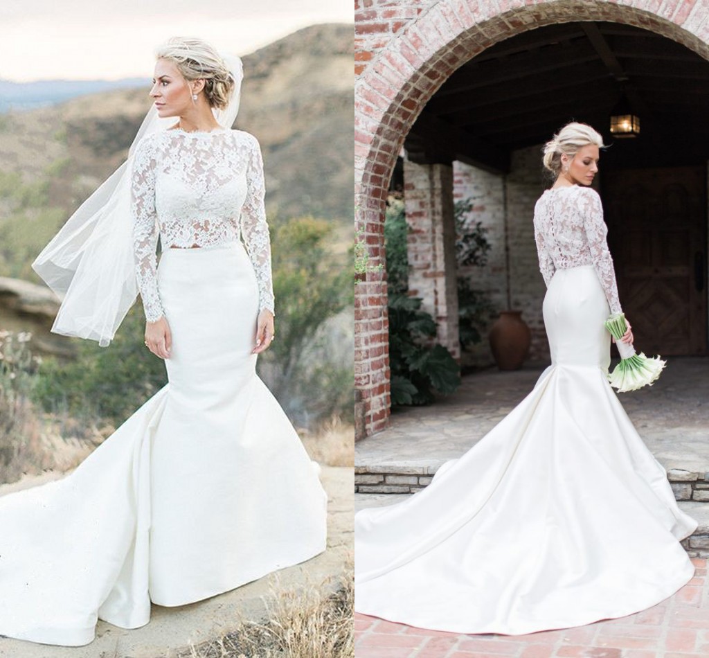 

2018 Chic Two Pieces Mermaid Wedding Dresses Long Sleeves Lace Bridal Dresses Separate Satin Train Illusion Bridal Crop Tops, White