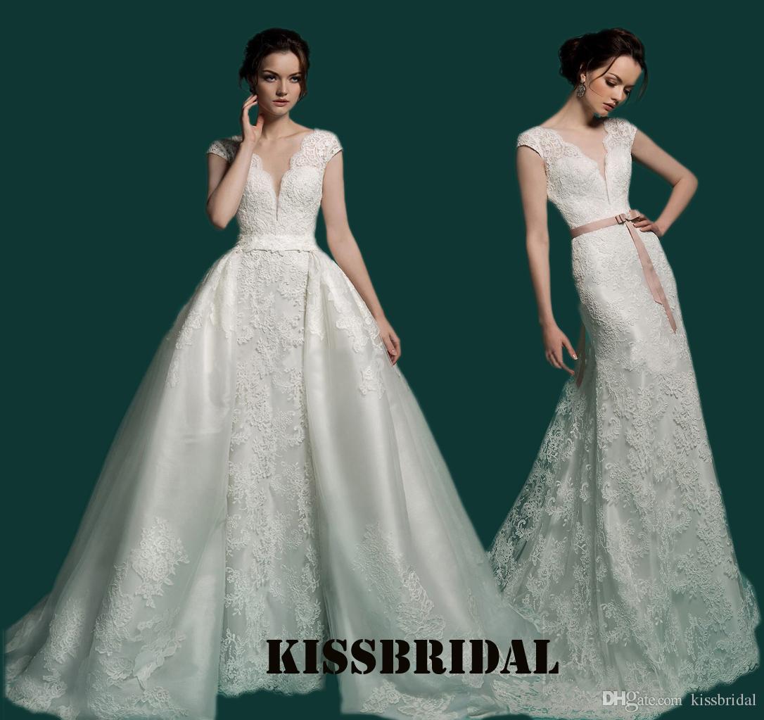 

Sexy Mermaid Wedding Dresses Detachable Train Deep V Neck Cap Sleeves Vintage Arabic Lace Applique Cap Sleeve Overskirt Bridal Gowns, Gold