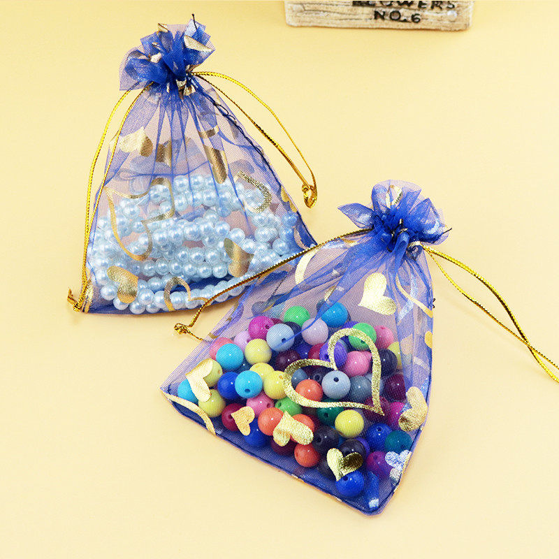 

High Quality Drawstring Organza Jewelry Favor Pouches Wedding Party Festival Gift Bags Candy Bags Heart Floral Print Silver 100PCS 9X12CM
