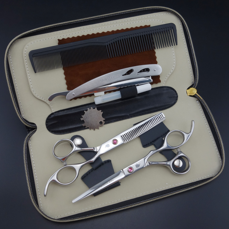 

Wholesale-6.0 in. Professional Hairdressing Scissors set 62HRC Straight & Thinning cutting with razor, comb, clothes ,oil S017