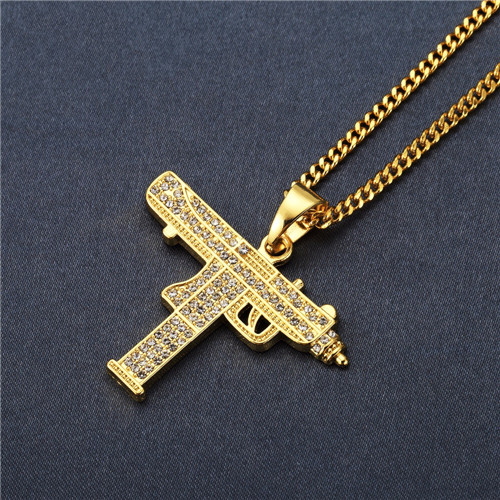 

New CZ Stone Assault Gun Pendant Necklace With Small Cuban Chain Pistol Machine Pendant Necklace Hip Hop Jewelry Men Women, Silver