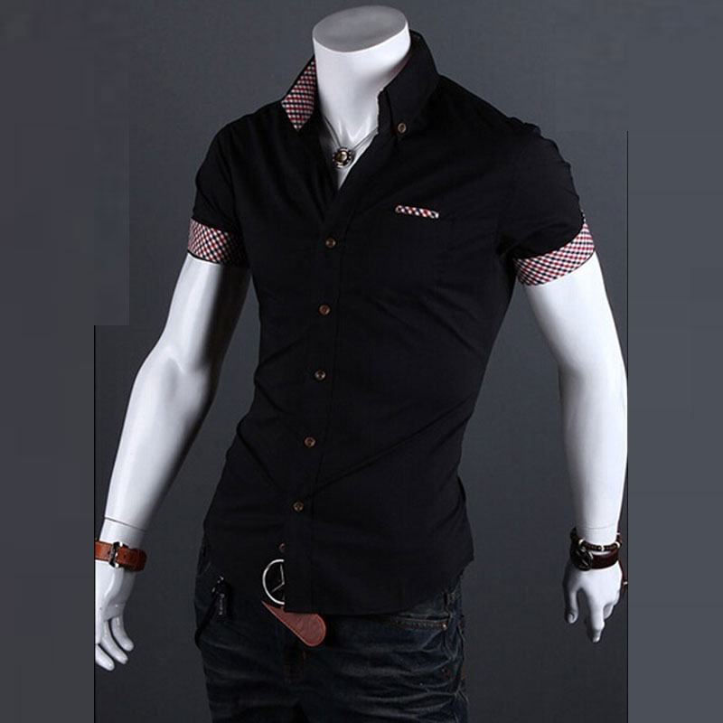 

Wholesale-Hot Sale Summer New Fashion Mens Casual Single Breasted Shirt Mens Short Sleeve Dress Shirts Summer Plaid Contrast Male Shirts, Black