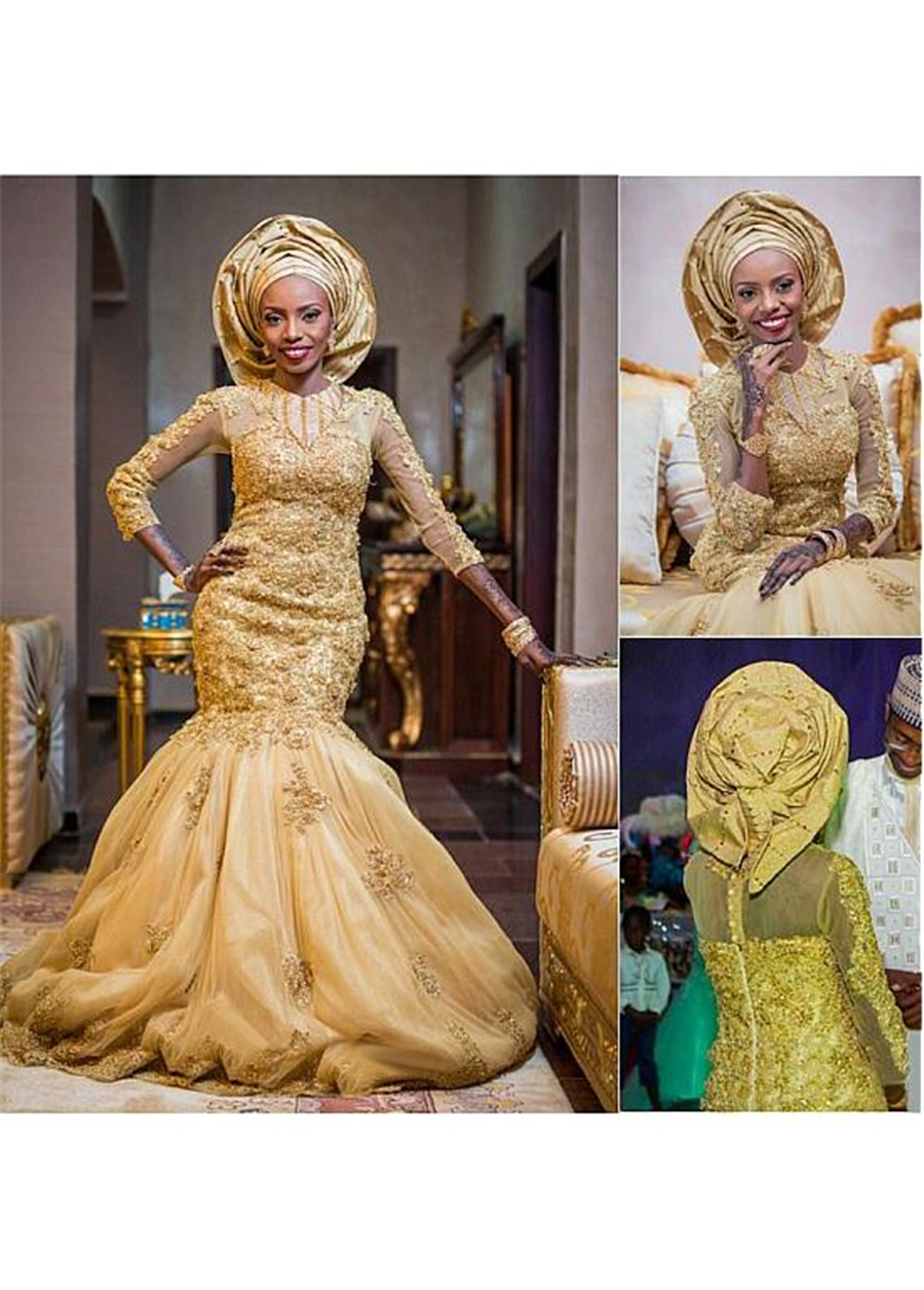 

Jewel Neckline Mermaid Evening Dresses With Beaded Lace Appliques Gold Muslim Prom Dress with Long Sleeves vestidos para formatura, Royal blue