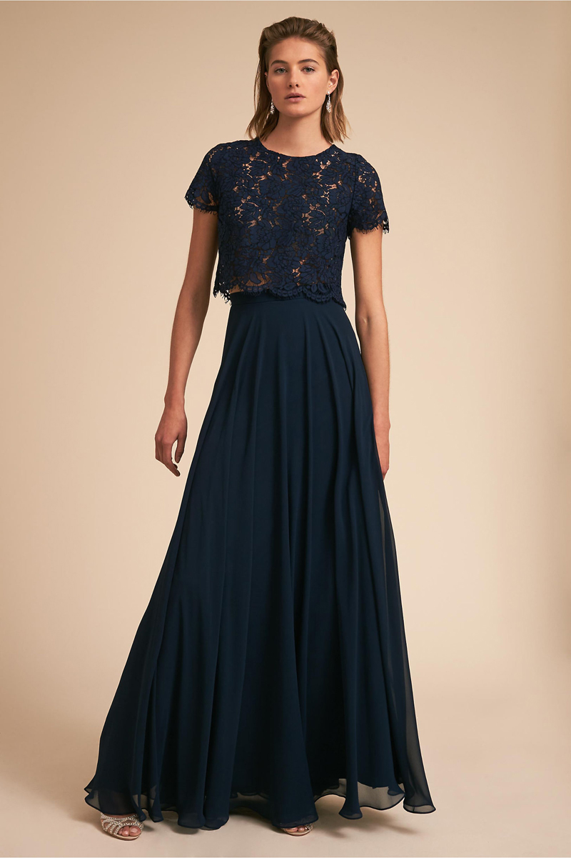 

Dark Navy 2 Pieces Bridesmaid Dress Floral Lace Top and Chiffon Skirts Accept Custom made Wedding Party Dresses