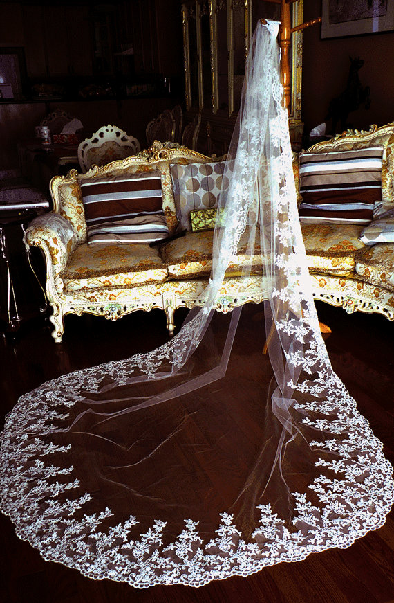 

New One Layer White Ivory Wedding Veil Cathedral Length Lace Edge Bridal Veil Bridal accessorise