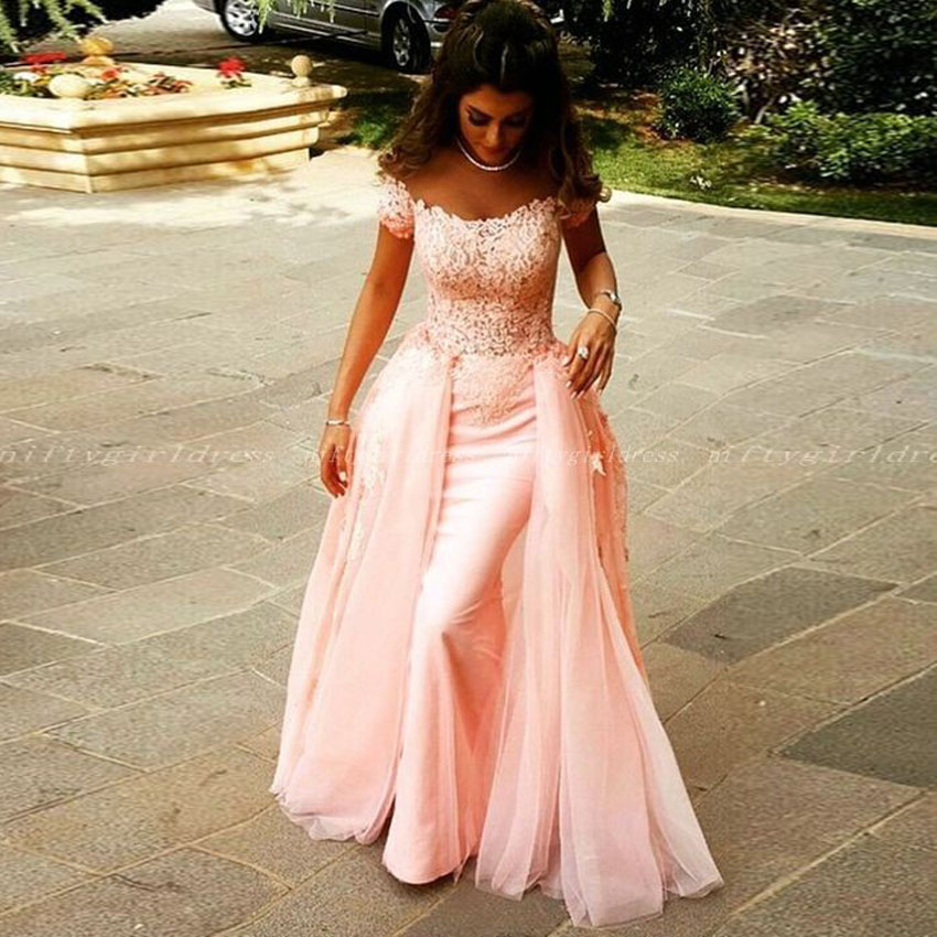 

Off The Shoulder Pink Evening Dresses With Short Sleeves Appliques Tulle Floor Length Custom Made Arabic Pink Long Prom Dresses Formal Gowns, Orange