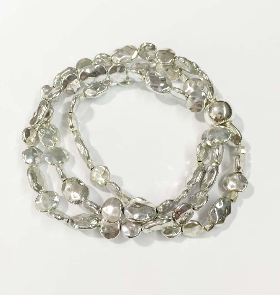

Silver hammered metal beads bracelet 3 rows casted beads strtech bracelet delicate metal beads stretch bracelet shinny silver, Black