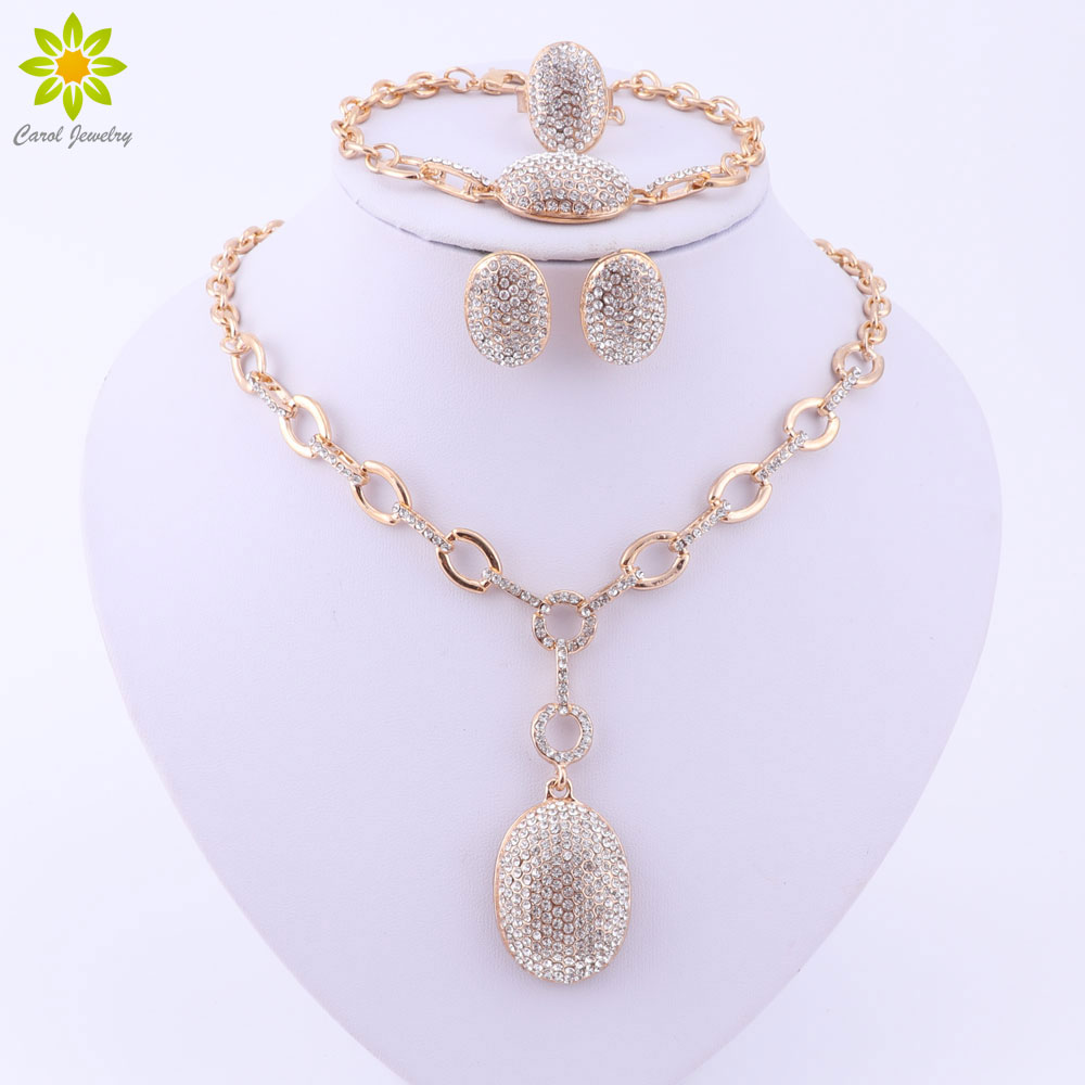 

Jewelry Sets For Women Gold Plated Statement Necklace Earrings Bracelet Full Crystal Ring Wedding Dress Accessories
