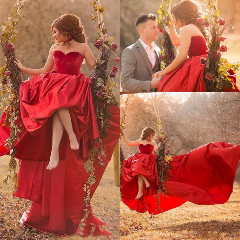 

Gorgeous Red Velvet Sweetheart Prom Dresses Said Mhamad Red Long Train Evening Gowns Saudi Arabic Arabic Celebrity Formal Party Dresses, Gold