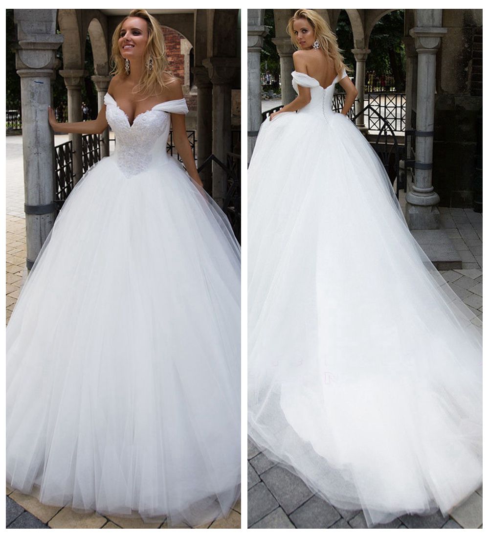 

New Arrival White Off The Shoulder Wedding Dresses Sexy Lace Ball Gown Wedding Dresses Long Train Vestidos De Noiva Plus Size Wedding Gowns, Champagne