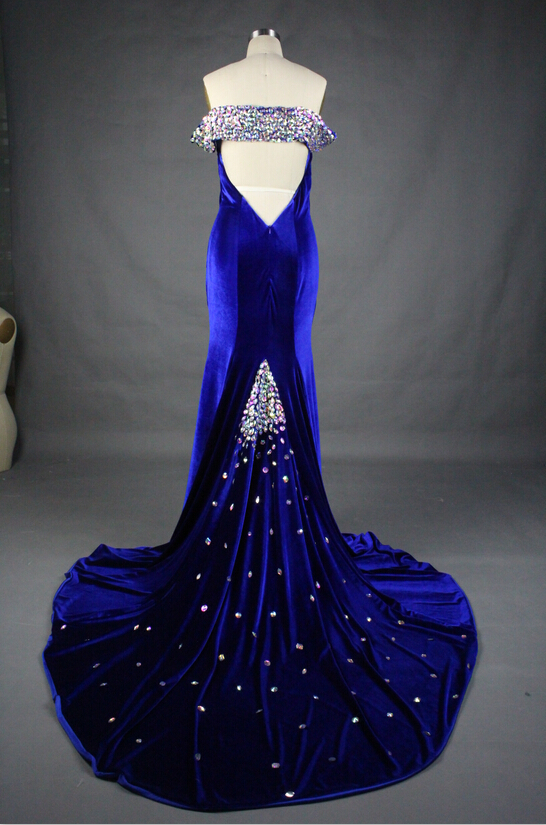 

Royal Blue High Leg Slit Velvet Formal Evening Dresses Boat Neck Off the Shoulder Elegant Evening Gowns Sparkly Beaded Backless Party Dress, Same as picture