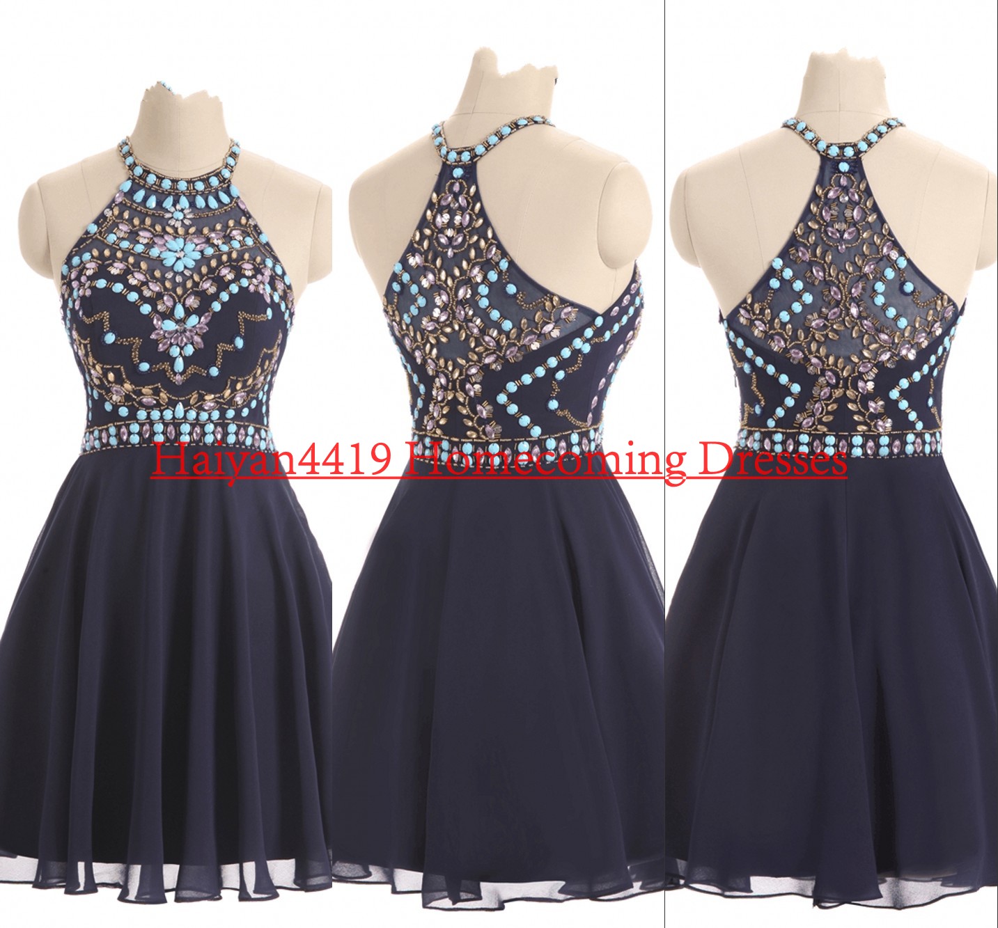 2017 New Homecoming Dresses Jewel Neck Chiffon Navy Blue Crystal Beads Short Mini Illusion Party Graduation Formal Plus Size Cocktail Gowns
