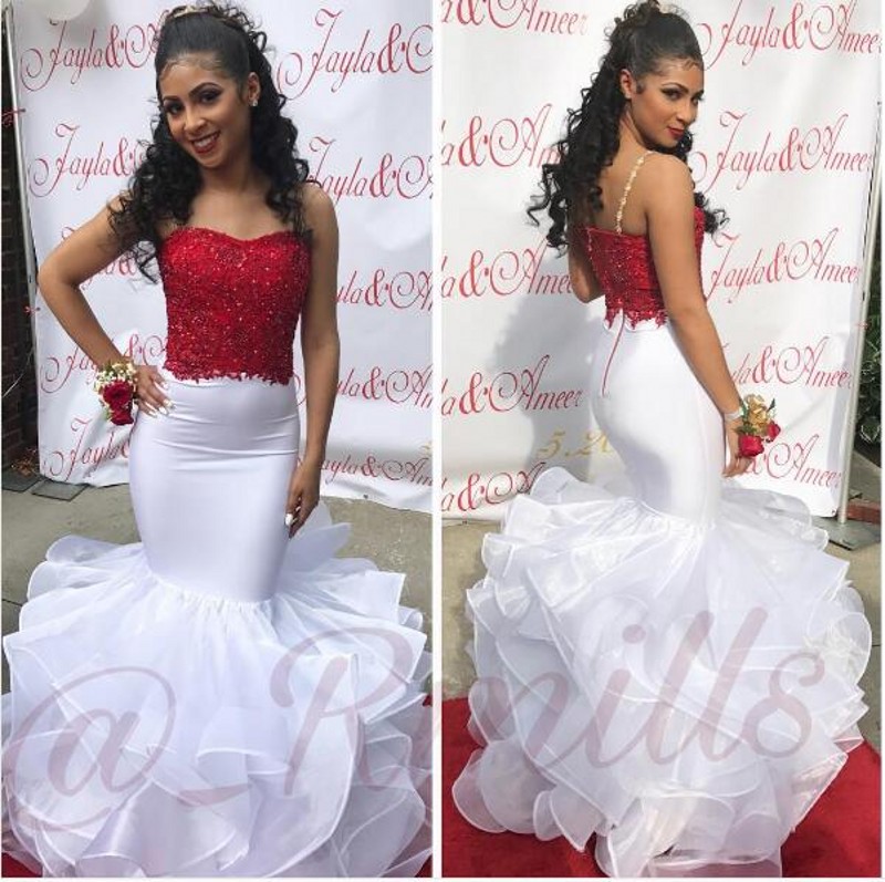 

White Gold Mermaid Prom Dresses Sweetheart Spaghetti Straps Appliques Beading Satin Organza Tiered Backless White Red Evening Dresses