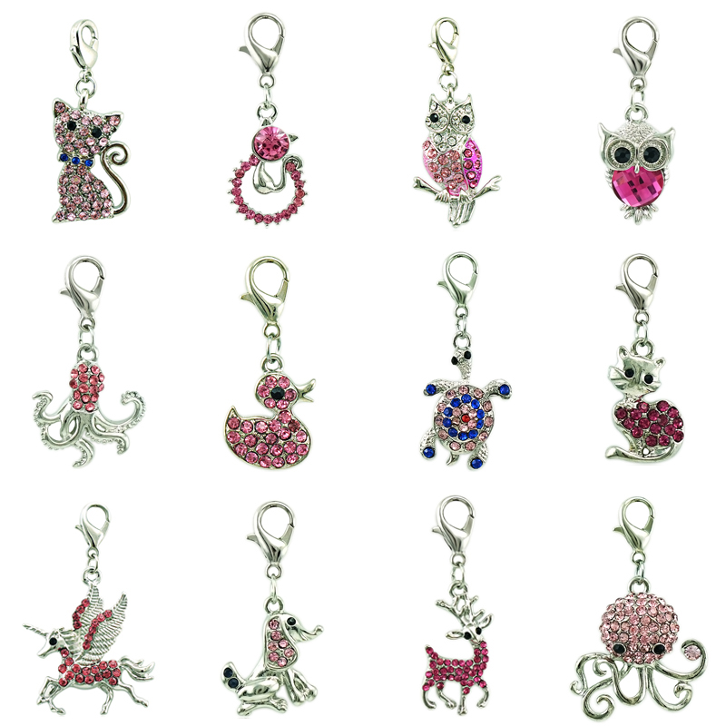 

Mix Sale Pink Rhinestone Floating Lobster Clasp Charms Bulk Animal Pendants Charms For Jewelry Making DIY Accessories, Bronze;silver
