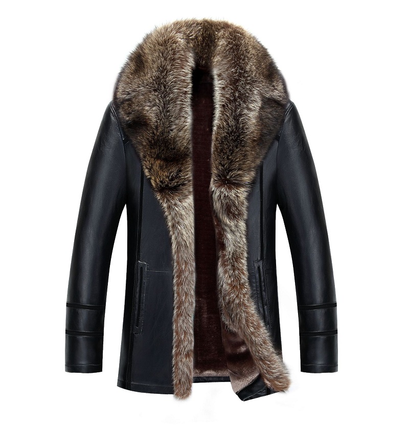 

Winter Leather Jacket For Man Fur Coats Real Raccoon Collar Thicken Warm Tops Outerwear Overcoat Windbreakers Plus Size s, Brown