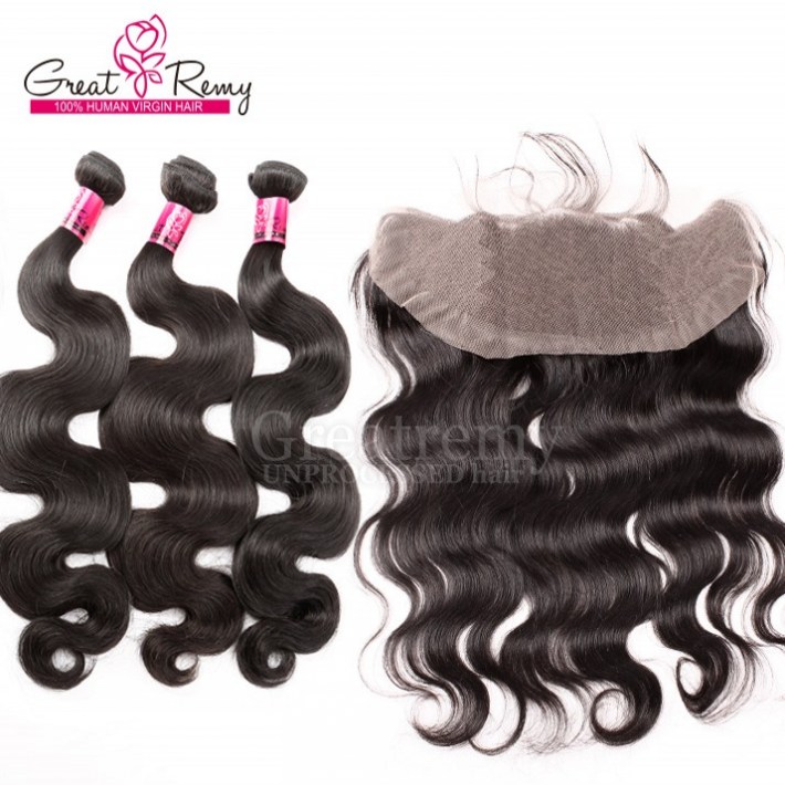 

indian temple humanhair weave unprocessed virgin hair bundles body wave hair extensions with 134 lace frontal closure greatremy hair, Natural color