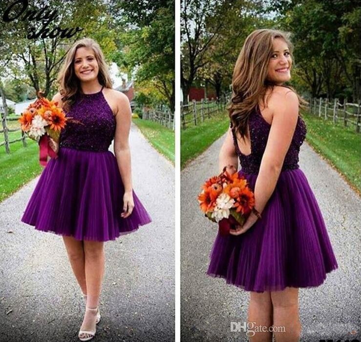 

2016 New Purple Short Homecoming Dresses Halter Backless Beads Tulle Juniors Mini Prom Party Gowns Sweet 16 Cheap Plus Size Cocktail Dresses, Light purple