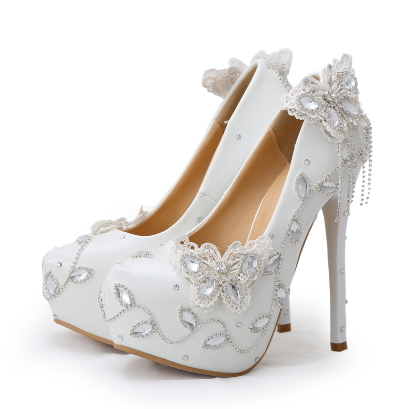 

Sparkling Butterfly Wedding Shoes Crystal Bride Dress Shoes Elegant Women Dress Pumps Graduation Party Prom Shoes Platform Pump, White