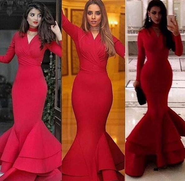 

Arabic Long Sleeves Red Evening Dresses Mermaid V Neck Tier Ruffles Skirt Long Formal Dresses Prom Party Gowns Celebrity Dresses 2017, Black;red