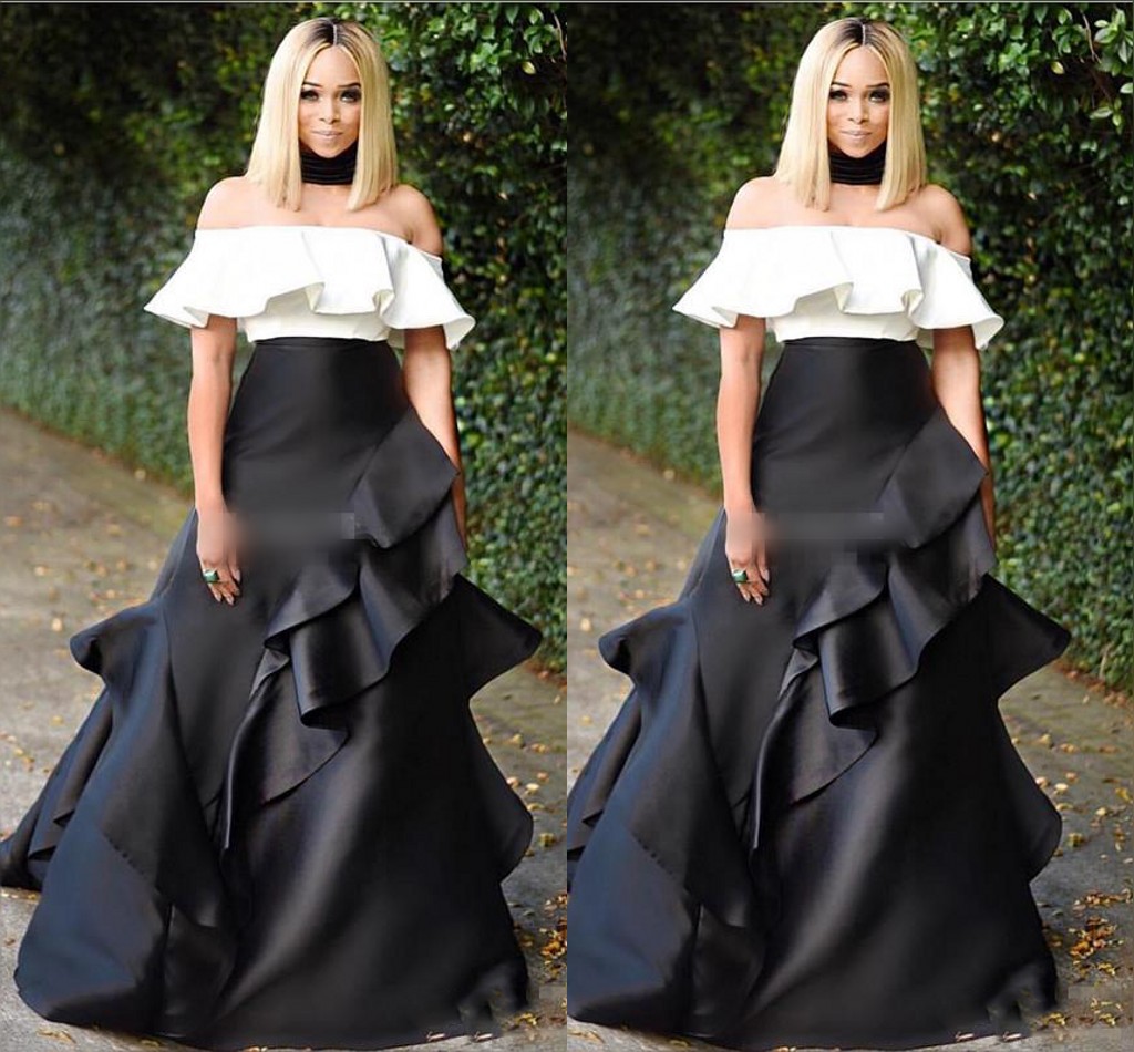 

Black And White Off Shoulder Evening Gowns 2017 Satin Tiered Ruched Backless Prom Dresses Formal Party Cocktail Dresses For Women