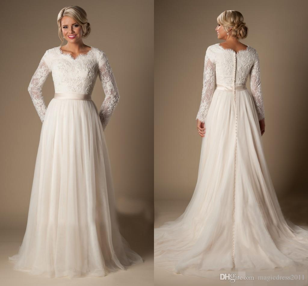 

Modest Bridal Gowns A-Line Lace Tulle Temple Wedding Dresses Long Sleeves V-Neck Sheer Sleeves Trains Buttons Back Plus Size Arabic, Silver