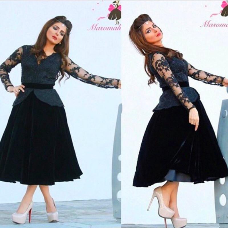 

2016 Short A line Lace Velvet Prom Dresses V Neck Long Sleeve Graduation Dresses Black Party Dresses Tea Length Arabic Dubai Evening Dresses, Blue