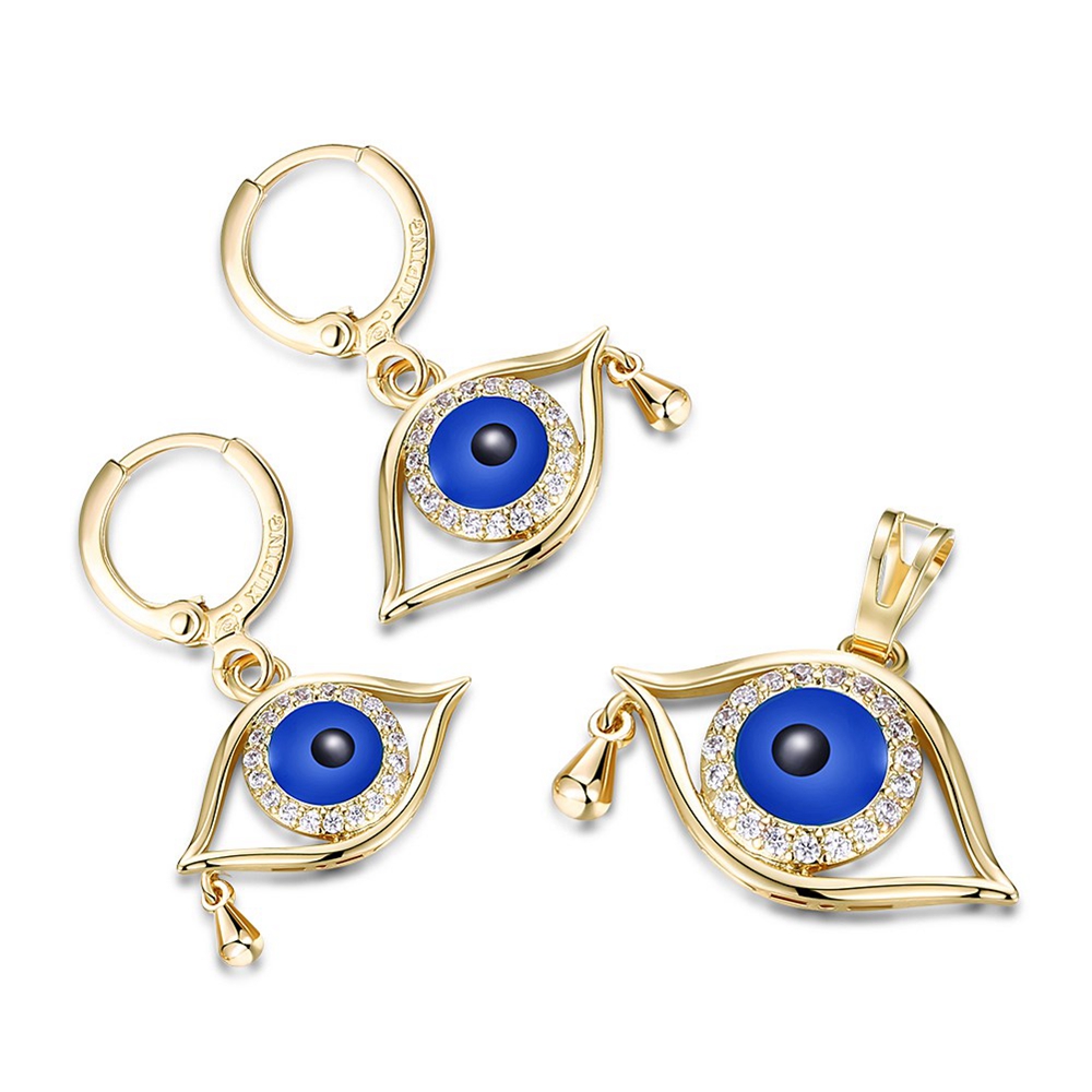 Turkey Blue Eye Shaped 18k Yellow Gold Filled Ethnic Style Womens Pendant Earrings Jewelry Set Trendy Accessories-image-404791895
