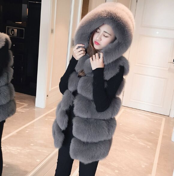 

New Winter Coat Faux Silver High Quality Fox Fur Coat Hooded Vest Stripe Fashion Medium-long Vest Large Size Women Outwear, Black