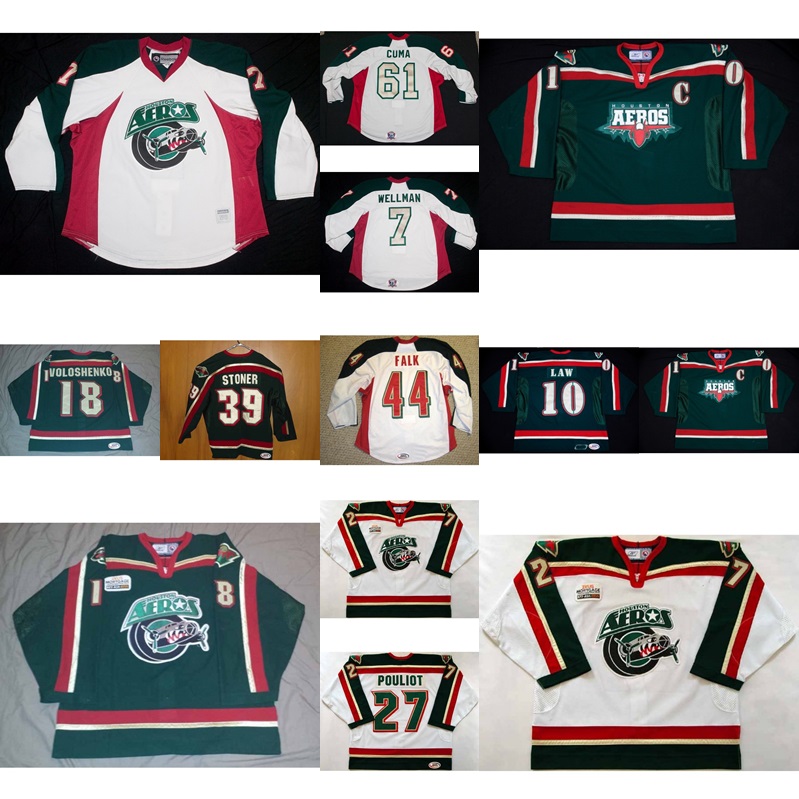 New Mens Womens Kids 10 Kirby Law 24 Chris Ovington 44 Justin Falk AHL Houston Aeros 100% Embroidery Custom Hockey Jerseys Goalit Cut
