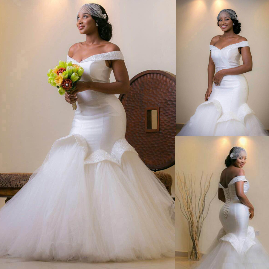 

Aso Ebi Style Arabic Bellanaija Wedding Bridal Gowns Tulle Sequins Beads Plus Size African Mermaid Wedding Dresses Vestido De Novia, Custom made from color chart