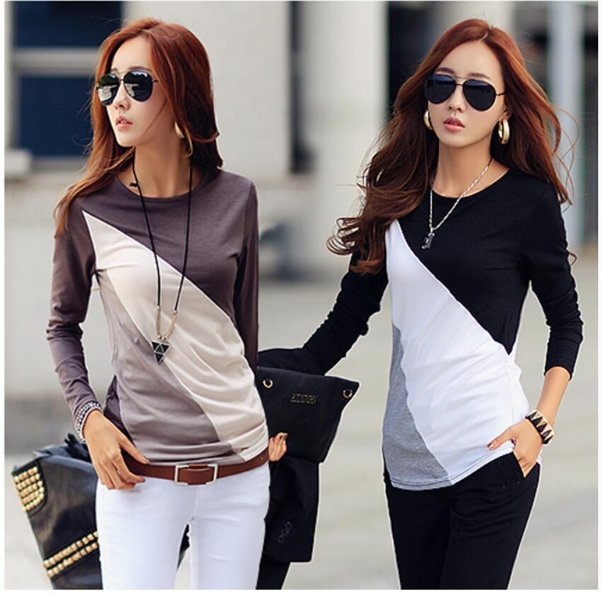 

Women's Cotton Long Sleeve T Shirt O Neck Slim Top Tees for female Autumn Causal Top 3 Colors Patchwork Pullover YG 1010, Black