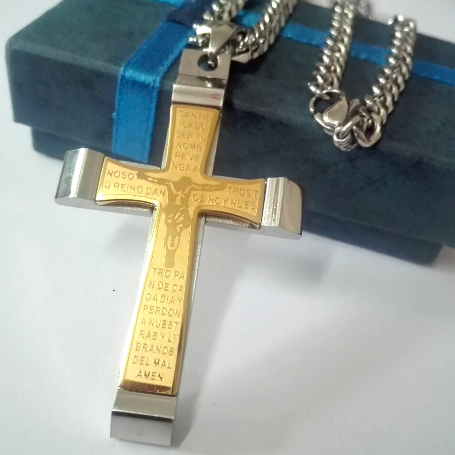 

NEW fashion stainless steel men's gold&silver cross pendant cuba chain 18-36in