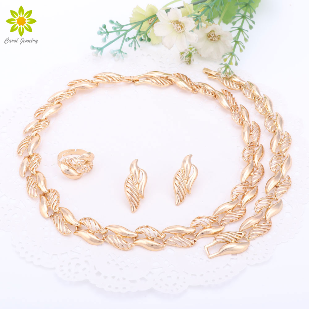 

Fine Women Jewelry Sets Tree Leaf Necklace Earrings Ring Bracelet Party Gift Gold Plated Wedding Dress Accessories