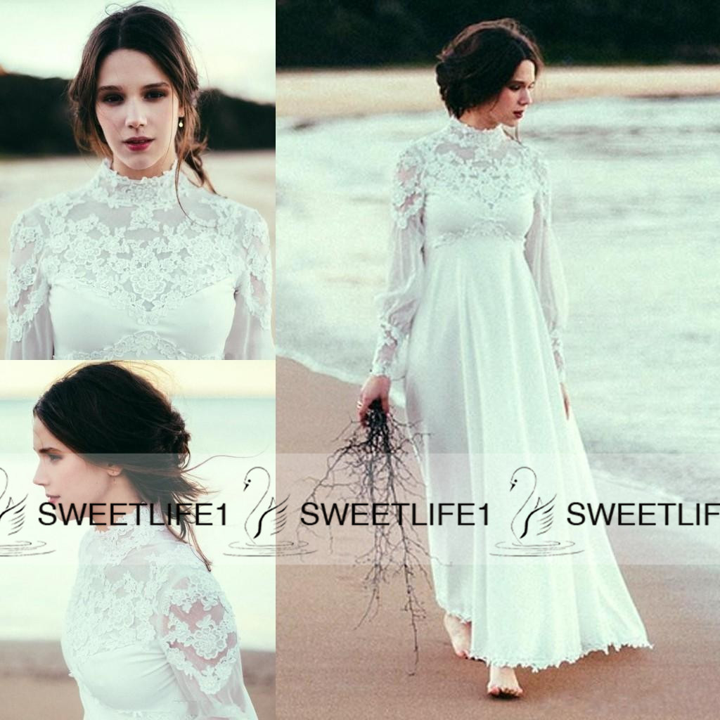 

2019 Sheer Long Sleeves Modest Maternity Bohemian Beach Bridal Gowns Empire Waist Chiffon High Quality Lace Cheap A Line Wedding Dresses, Ivory