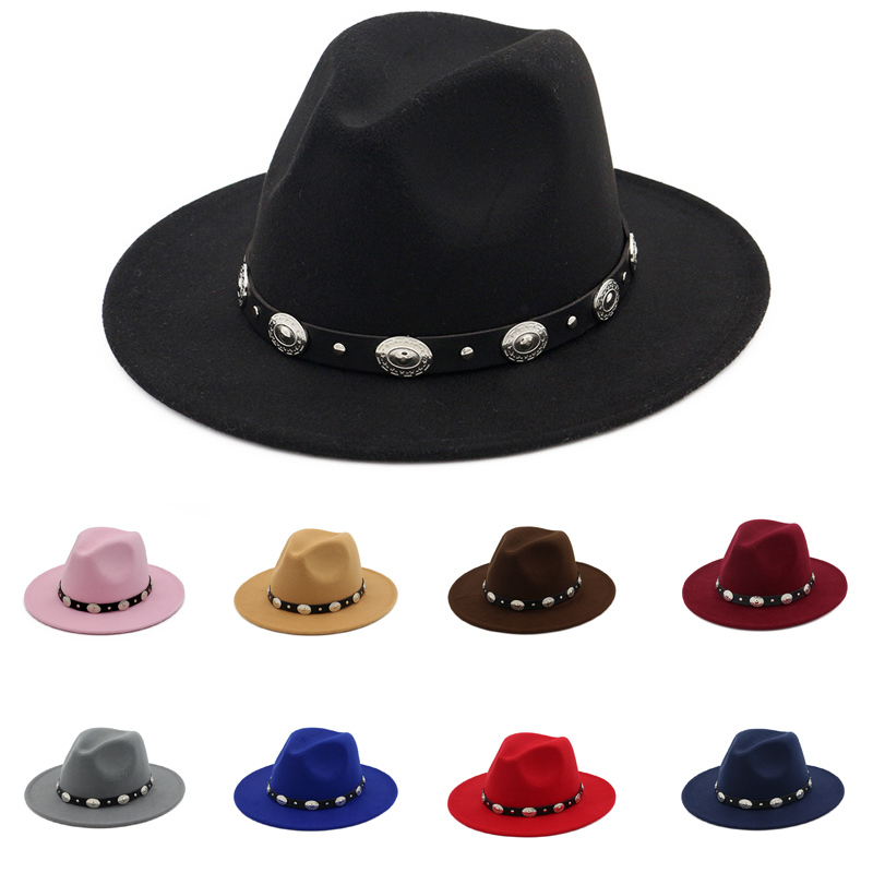 

British Style Wool Jazz Cap Hat for Women Vintage Utumn Winter Ladies Fedora Hats with Metal Belt Female Wide Brim Hats GH-218, Red