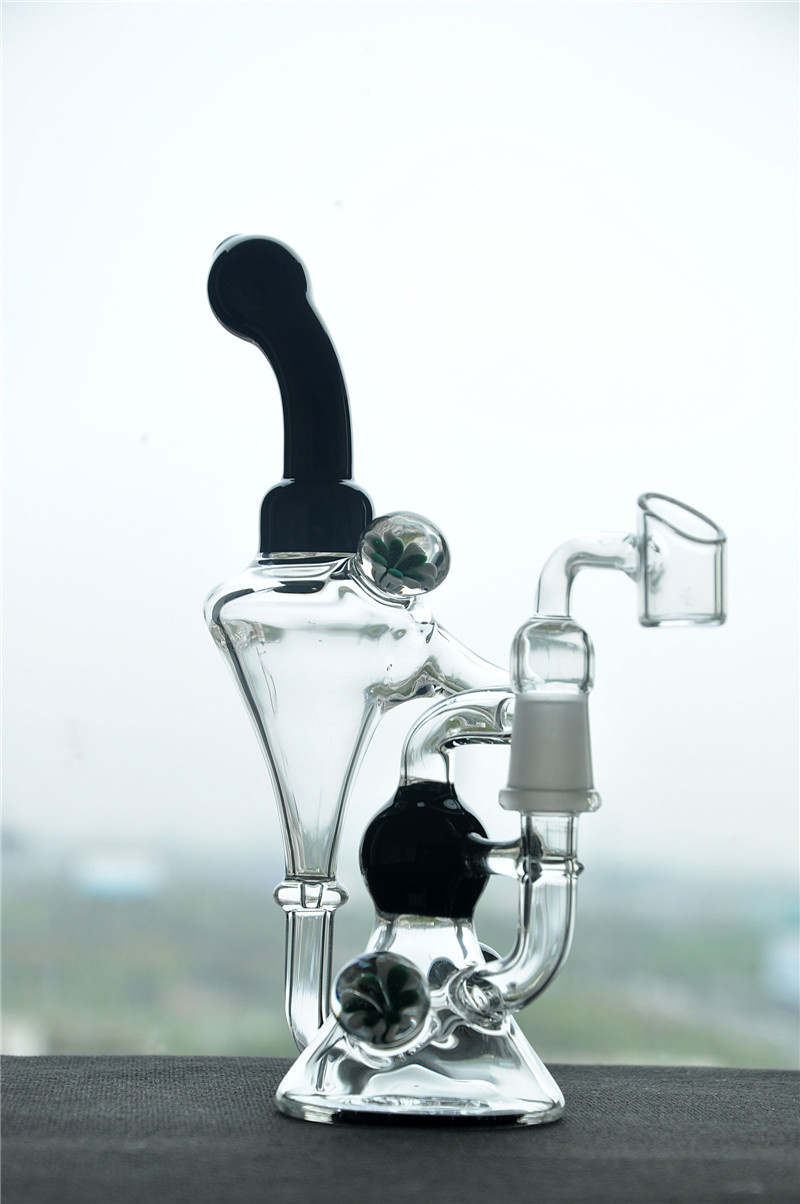 

Glass Bong with glass banger Black Double Recycle Bubbler Water Pipe Oil Rigs Hookah 14mm Male Joint
